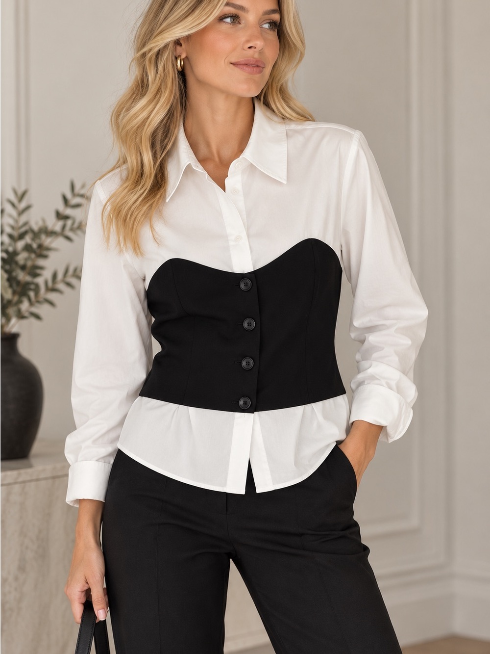 INC International Concepts Black & White Contrast Blouse Size 14 (Fits Like M)